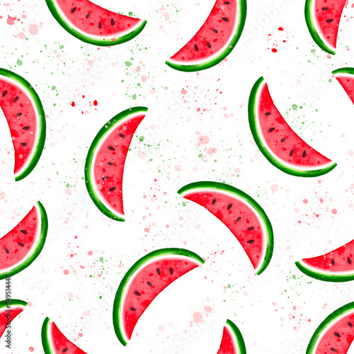 Seamless background with watermelon slices. Bright watercolor sketch of watermelon. 
