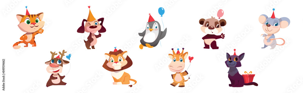 Cute Animals Greeting with Birthday in Cone Hat Vector Set Cute Animals Greeting with Birthday in Cone Hat Vector Set