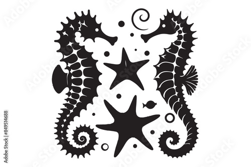 Seahorses and starfish silhouette Vector Illustration 