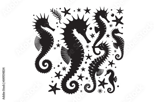 Seahorses and starfish silhouette Vector Illustration 