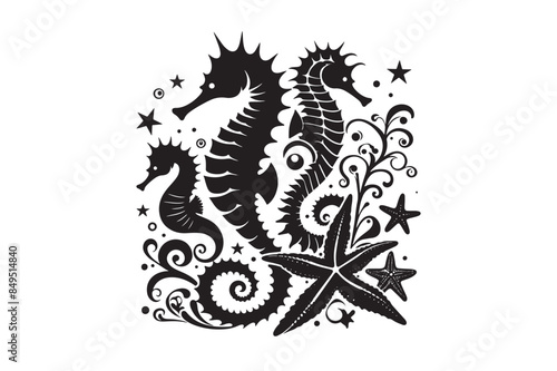 Seahorses and starfish silhouette Vector Illustration 