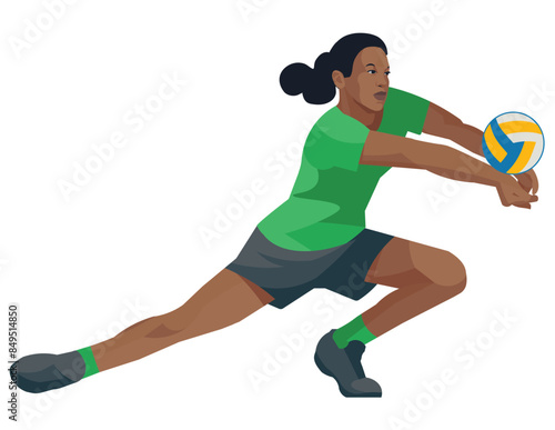 Nigerian women's volleyball girl player in green uniform who crouches down and hits the ball