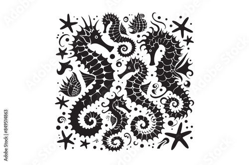 Seahorses and starfish silhouette Vector Illustration 