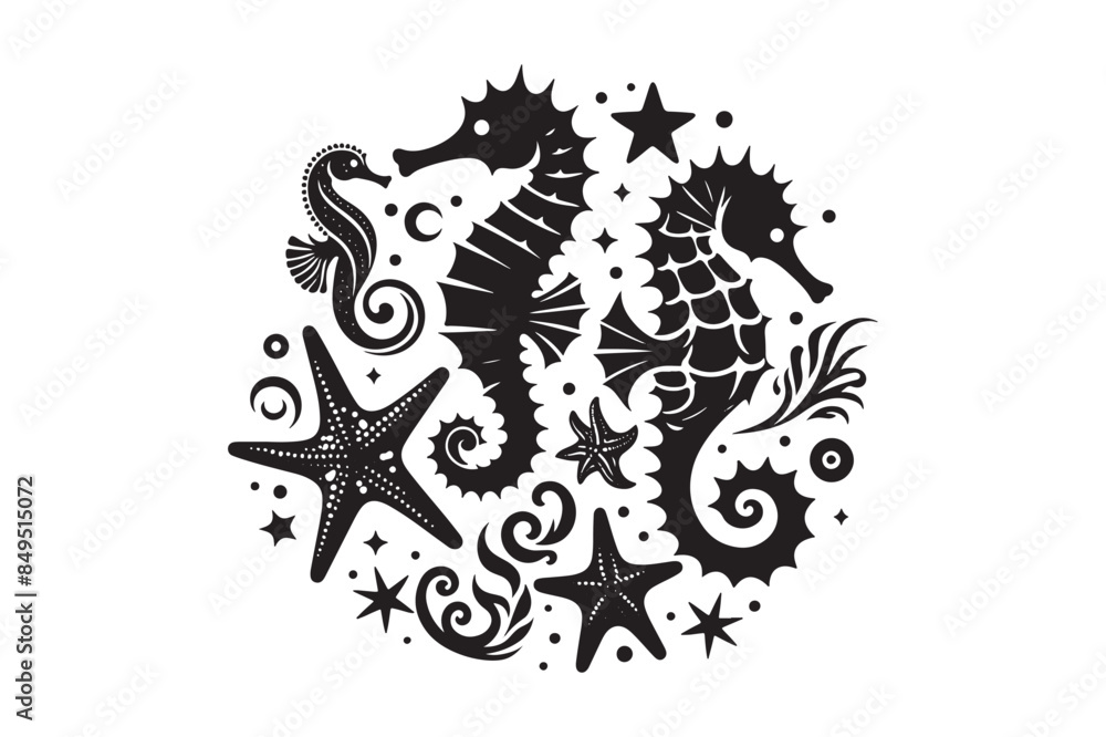 Seahorses and starfish silhouette Vector Illustration Seahorses and starfish silhouette Vector Illustration