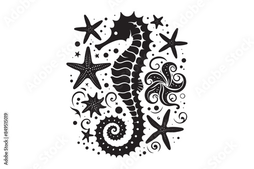Seahorses and starfish silhouette Vector Illustration 
