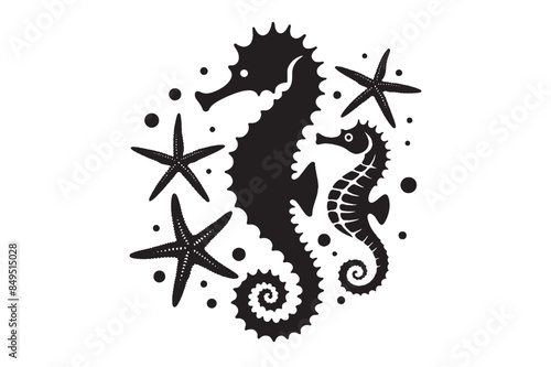 Seahorses and starfish silhouette Vector Illustration 
