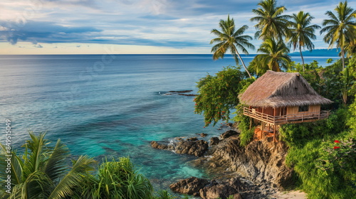 Traditional Fijian bure nestled amidst palm trees, overlooking the stunning ocean