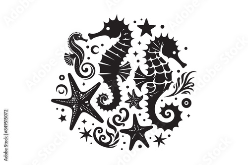 Seahorses and starfish silhouette Vector Illustration 