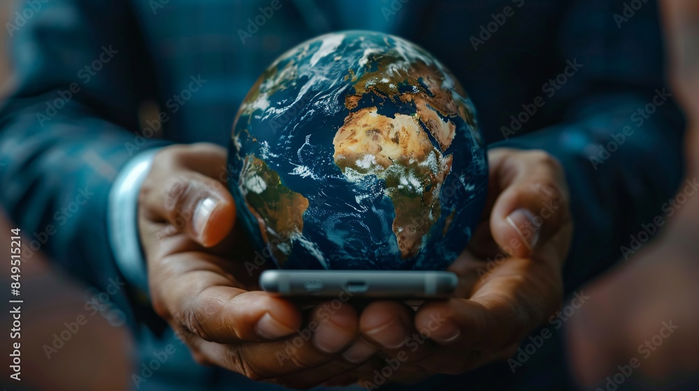 Person holds cellphone with globe on screen Person holds cellphone with globe on screen