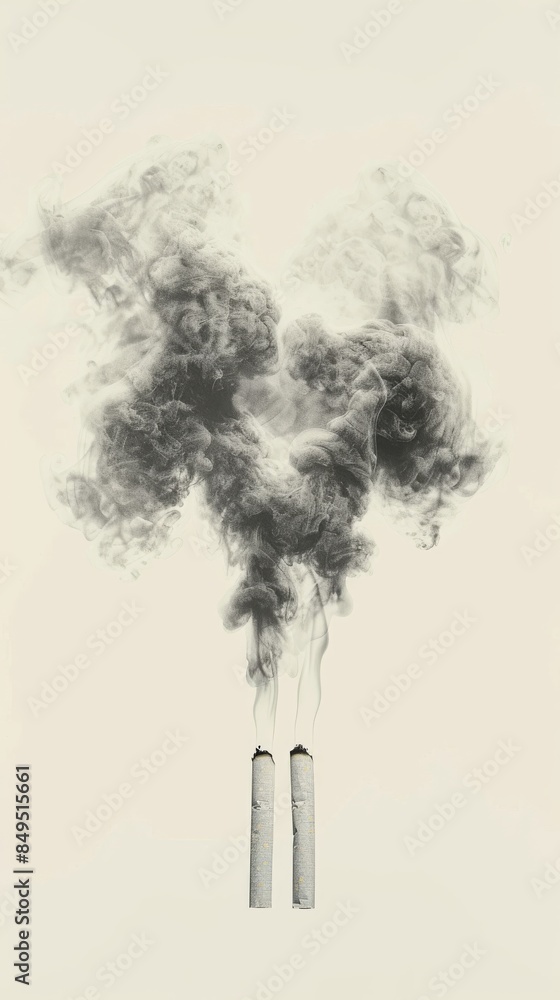 Fototapeta premium Realistic depiction of dangerous cigarette smoke causing damage to the lungs. The image highlights lung disease resulting from smoking tobacco with photorealistic detail. 