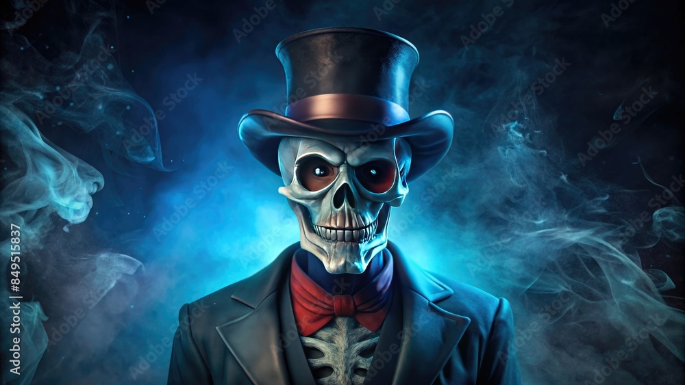 a skeleton in a black top hat on the background of a mystical forest, Halloween concept a skeleton in a black top hat on the background of a mystical forest, Halloween concept
