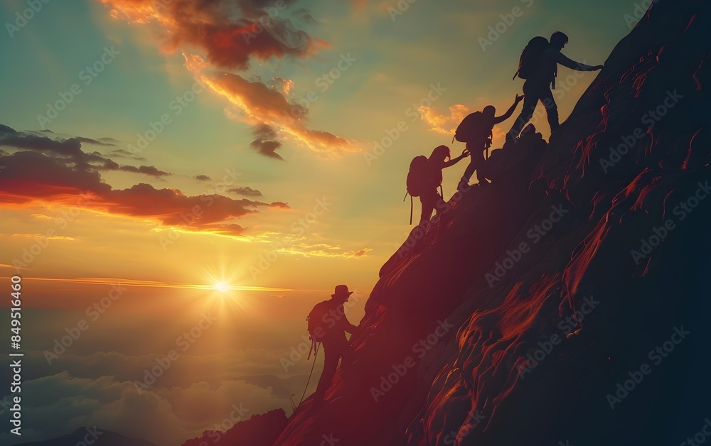 Silhouette of a team helping each other reach the top of a mountain, a business concept for success and harmonious collaboration Silhouette of a team helping each other reach the top of a mountain, a business concept for success and harmonious collaboration