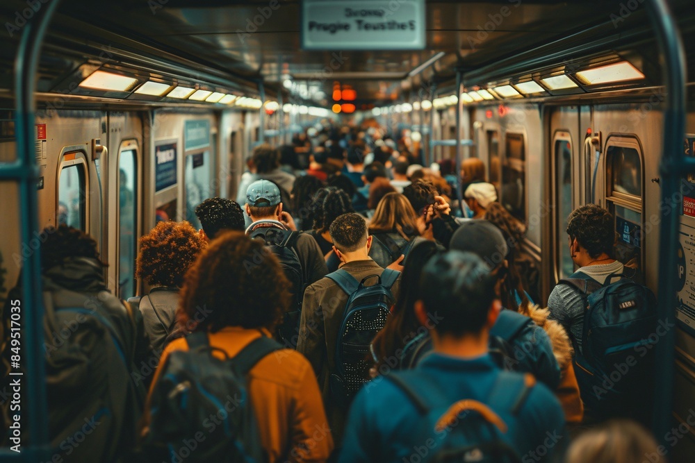 Multiple individuals walk inside subway train Multiple individuals walk inside subway train