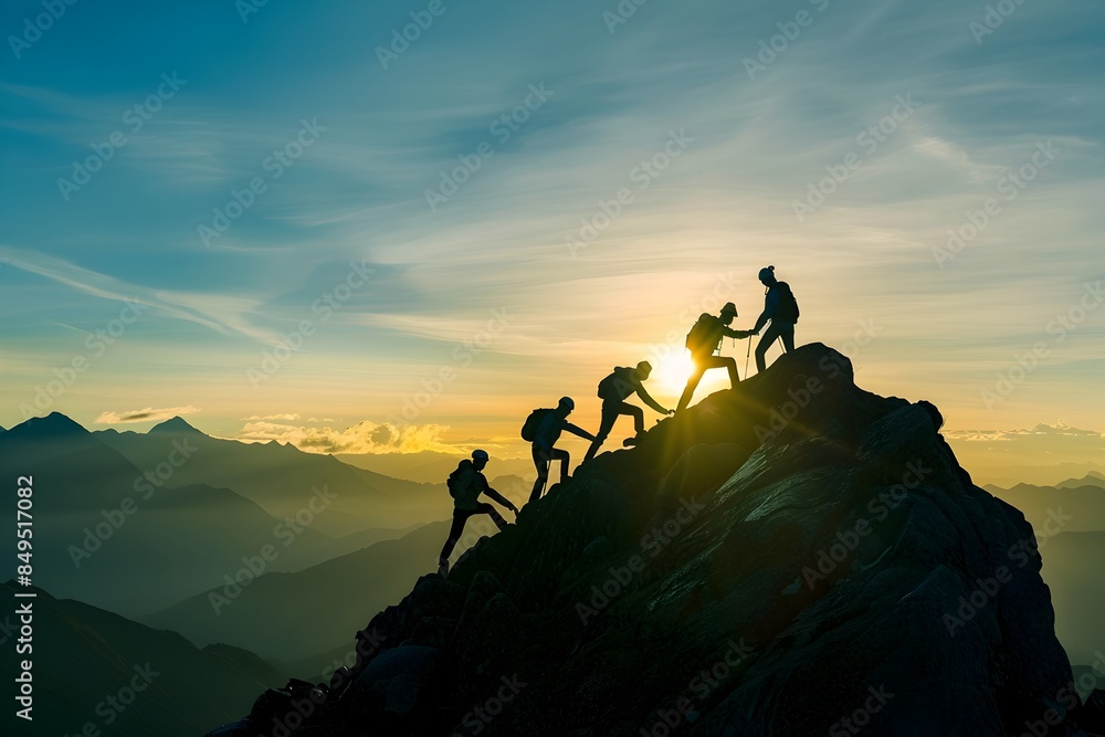 Fototapeta premium Silhouette of team helping each other reach top mountain, power and help concept in the style of team helping each other reach top mountain, power and help concept