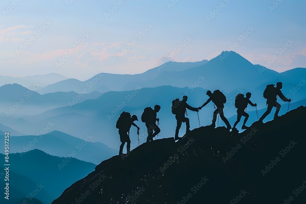 Silhouette of team helping each other reach top mountain, power and determination concept in the style of teamwork Silhouette of team helping each other reach top mountain, power and determination concept in the style of teamwork