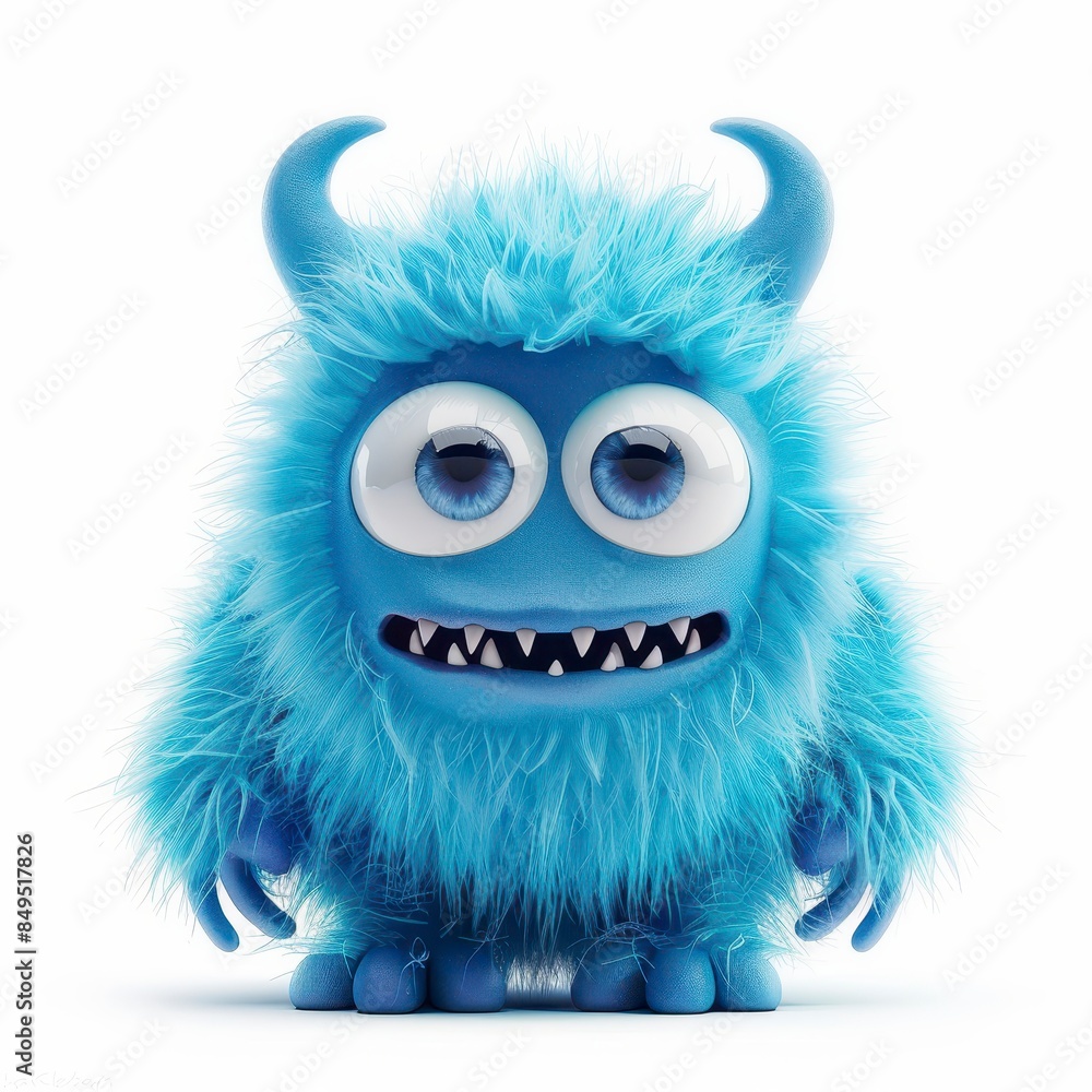 A cute smiling fluffy monster with blue fur on a white background A cute smiling fluffy monster with blue fur on a white background