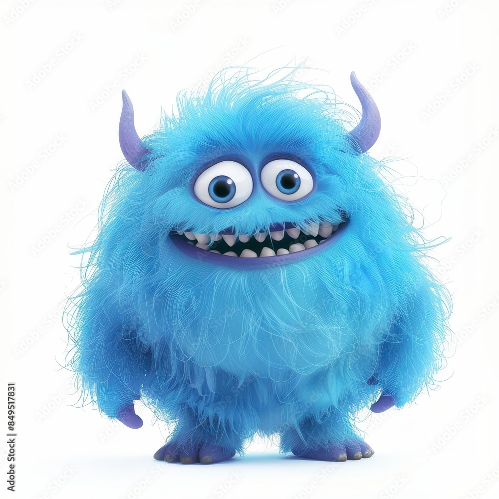 A cute smiling fluffy monster with blue fur on a white background A cute smiling fluffy monster with blue fur on a white background