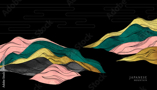 Oriental Japanese style vector abstract illustration, background in Asian traditional style, wavy shapes and mountains terrain, runny like sea lines.