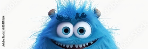 A cute smiling fluffy monster with blue fur on a white background
