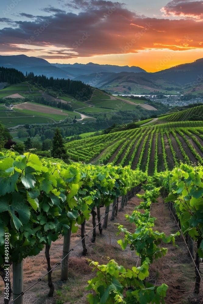 A panoramic view of the vineyards with rows upon rows of grapevines with background of sunset