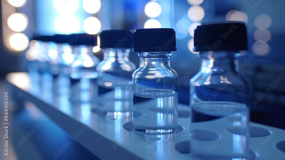 A row of small glass bottle with black caps on lab with blue blur bokeh background A row of small glass bottle with black caps on lab with blue blur bokeh background
