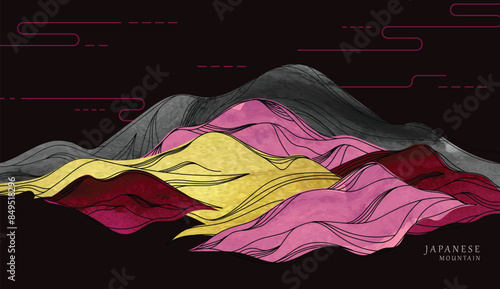 Oriental Japanese style vector abstract illustration, background in Asian traditional style, wavy shapes and mountains terrain, runny like sea lines.