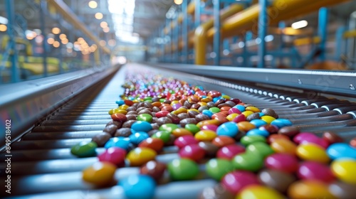 Conveyor belt carrying a rainbow of candies in a state-of-the-art food processing plant, photo realistic, vibrant colors and modern machinery © JP STUDIO LAB