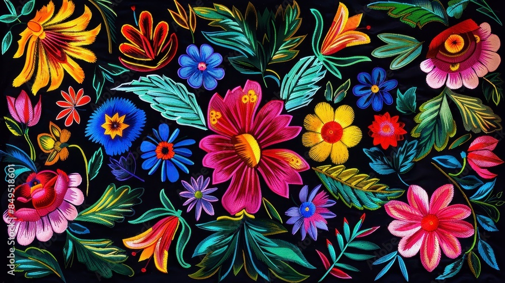 colorful,bright flowers and leaves in the pattern of Mexican art on a black background colorful,bright flowers and leaves in the pattern of Mexican art on a black background