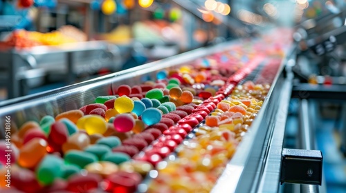 Close-up of a conveyor belt filled with various vibrant candies in a high-tech food processing plant, photo realistic detail, well-lit environment