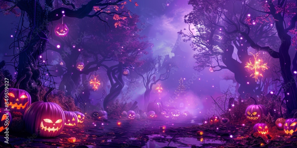 spooky pumpkins in a dark forest pathway with fog, old trees and glowing light background spooky pumpkins in a dark forest pathway with fog, old trees and glowing light background