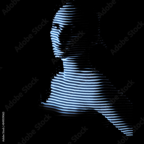 Fantasy, sci-fi and technology concept. A profile of a woman depicted in blue stripes of neon light against a black background. Grain and glitch effect applied