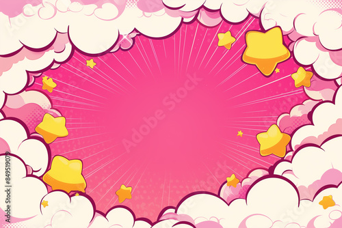 Cute Cartoon Comic Style Background with a Pink and Yellow Starry Sky, Clouds, and Halftone Effects