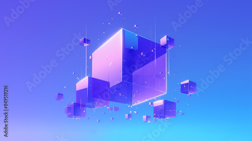 Purple Background with Floating Cubes and Abstract Geometric Shapes