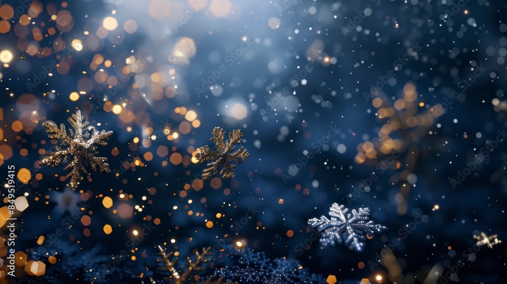 golden glittery snowflakes on dark blue blur bokeh background