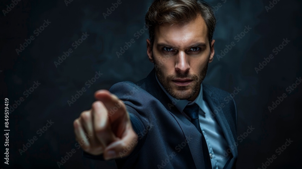 Fototapeta premium Confident businessman pointing forward with authority, dark background, sharp focus on hand and face, emphasizing leadership qualities, photo realistic