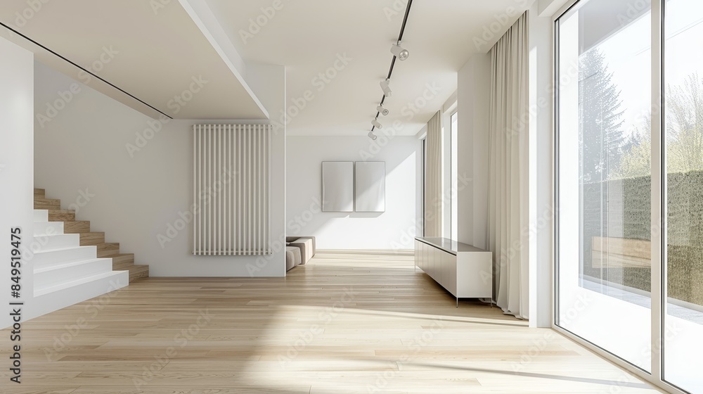 Contemporary home interior with a modern white radiator, mounted on a pristine white wall, efficient heating system offering cozy warmth, minimalist and clean design Contemporary home interior with a modern white radiator, mounted on a pristine white wall, efficient heating system offering cozy warmth, minimalist and clean design