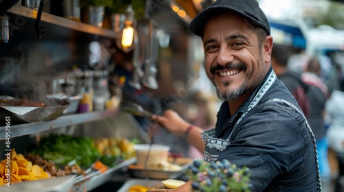 joyful chef in a bustling food truck, preparing gourmet street food with a smile, surrounded by fresh ingredients and happy customers, embodying a passion for culinary creativity and customer