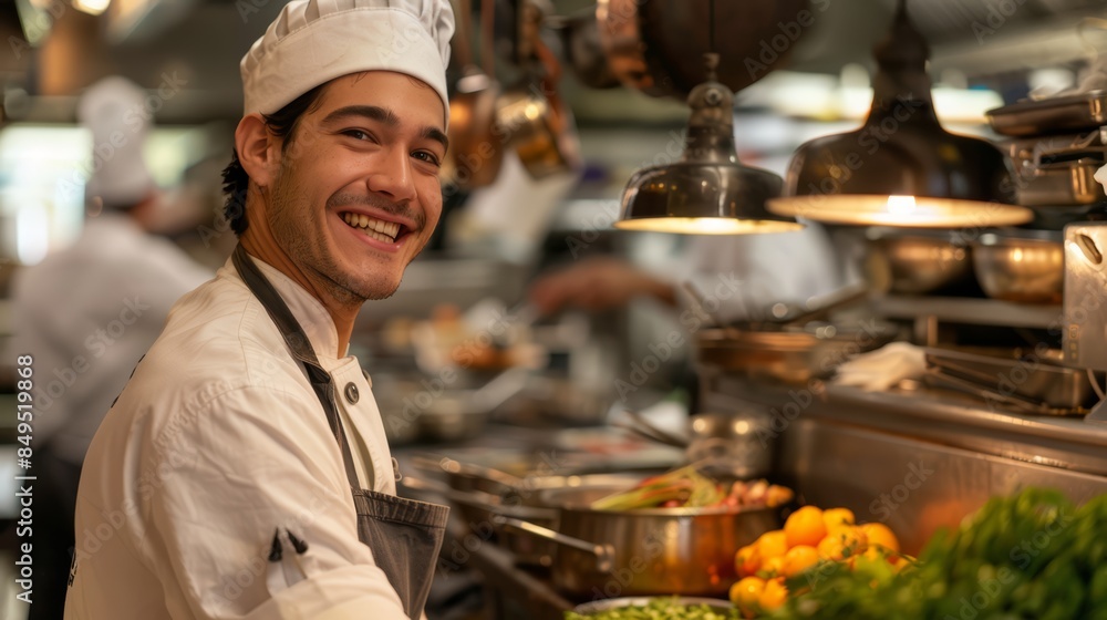 custom made wallpaper toronto digitalhappy chef in a bustling restaurant kitchen, smiling while preparing a gourmet dish, surrounded by fresh ingredients and modern cooking equipment, showcasing passion and joy in their work