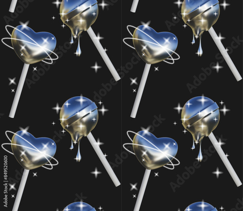 Abstract seamless pattern in Y2K style. Three-dimensional sweets in the shape of a heart and a ball on a stick with a chrome texture and a melting effect with bright sparkles.