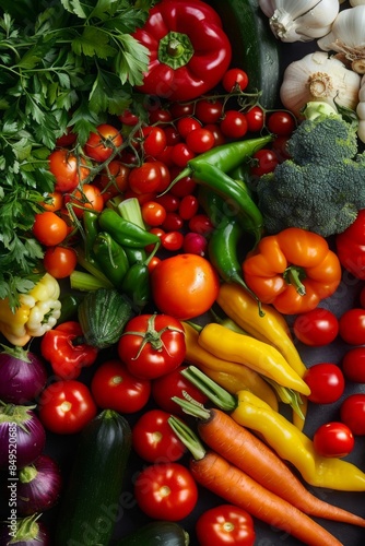 Assortment of fresh vegetables including broccoli, bell peppers, tomatoes, and zucchini on a dark background, showcasing a variety of vibrant colors and healthy food choices