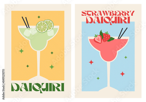 Poster drink set. Cocktail arts. Retro posters with alcohol cocktails. Daiquiri. Strawberry daiquiri. 90s 80s 70s groovy posters. Modern trendy print. Drink with fruit and ice.