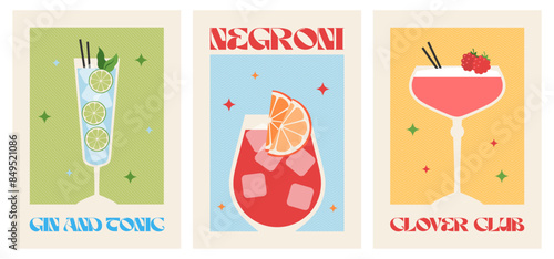 Poster drink set. Cocktail arts. Retro posters with alcohol cocktails. Negroni. Clover Club. Gin and tonic. 90s 80s 70s groovy posters. Modern trendy print. Drink with fruit and ice.