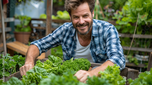Man Cultivating Vegetable Garden - Gardening Enthusiast Smiling Amid Lush Greenery - Perfect for Spring Season Promotions