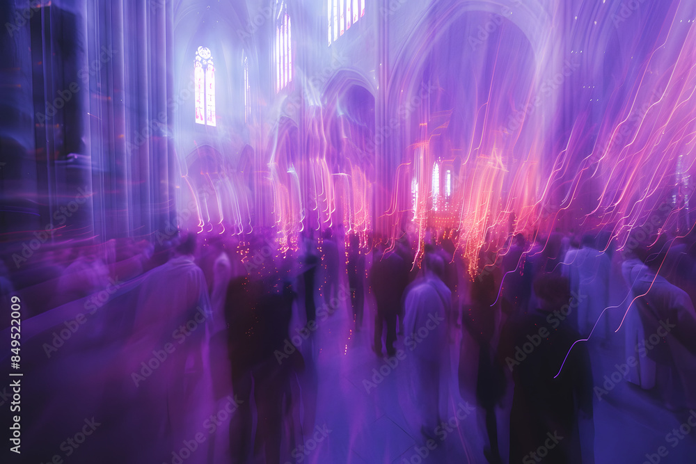 Naklejka premium blurred found photograph of violet light and glowing choir in cathedral