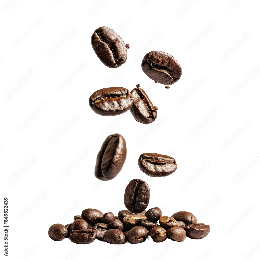 Coffee beans dropping on group of beans on white Coffee beans dropping on group of beans on white