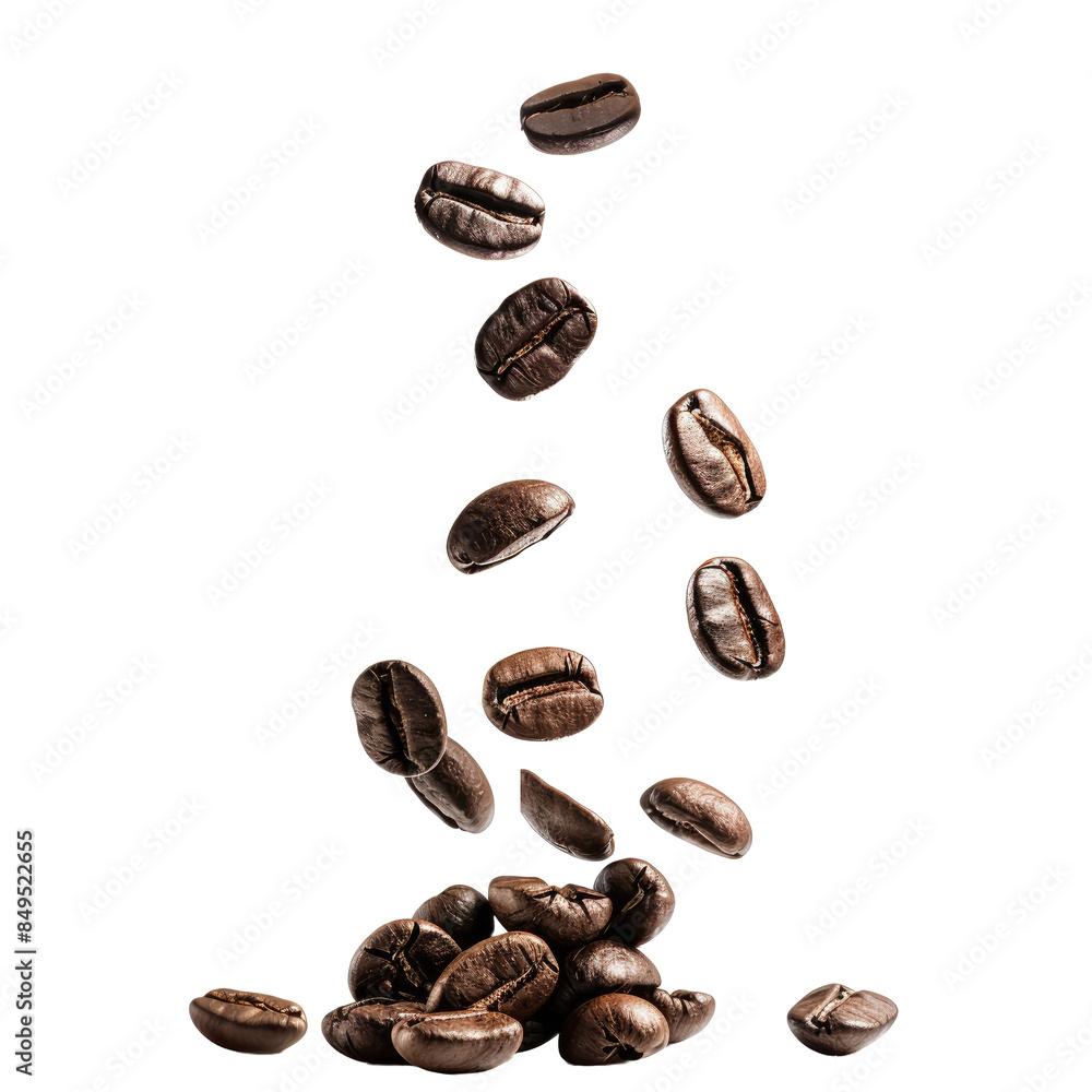 Coffee beans dropping on group of beans on white Coffee beans dropping on group of beans on white