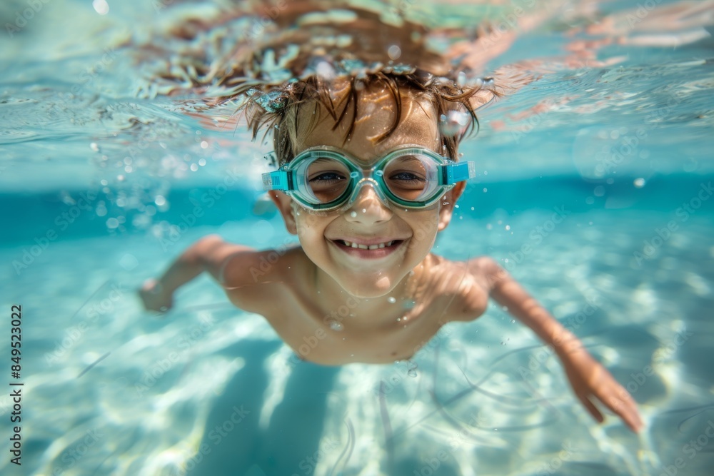 Naklejka premium A joyful child swims underwater with goggles in a clear pool on a sunny day, displaying happiness and fun.