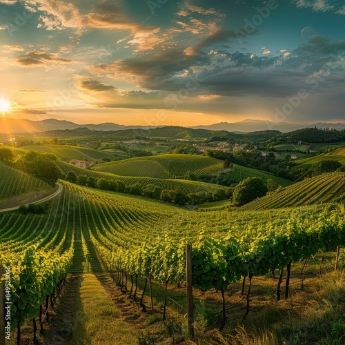 Wallpaper Mural A panoramic view of the vineyards with rows upon rows of grapevines with background of sunset Torontodigital.ca