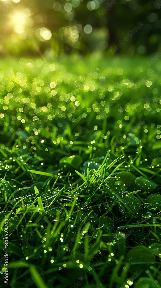 Abstract Green Nature Scene with Dew-covered Grass in Golden Morning Light - Perfect for Spring and Summer Themes Abstract Green Nature Scene with Dew-covered Grass in Golden Morning Light - Perfect for Spring and Summer Themes