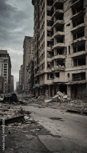 Apocalyptic cityscape, downtown street after war.